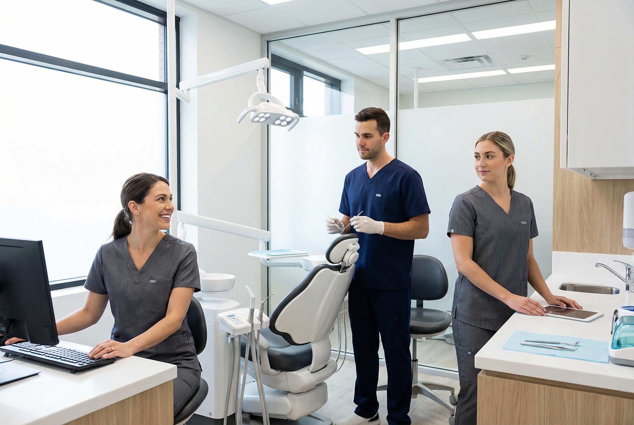 Zahnarztpraxis-Team in Teamkleidung